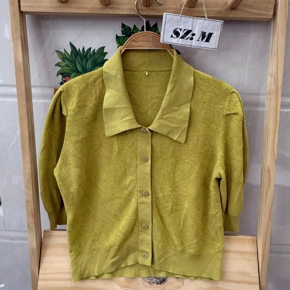 Chartreuse Lime Ribbed Knit Cardigan Wide Collar Button Down Top